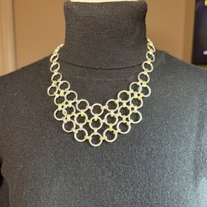 LOFT Gold Tone Statement Bib Necklace Multi Ring Link Chain
